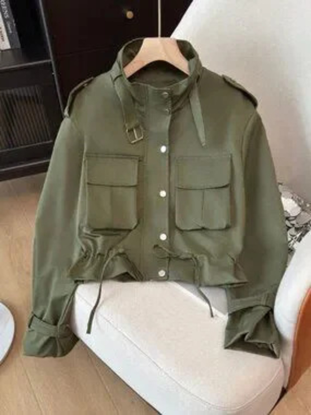 ZARA Army Green Women's Casual Multi-Pocket Funnel Neck Utility jacket